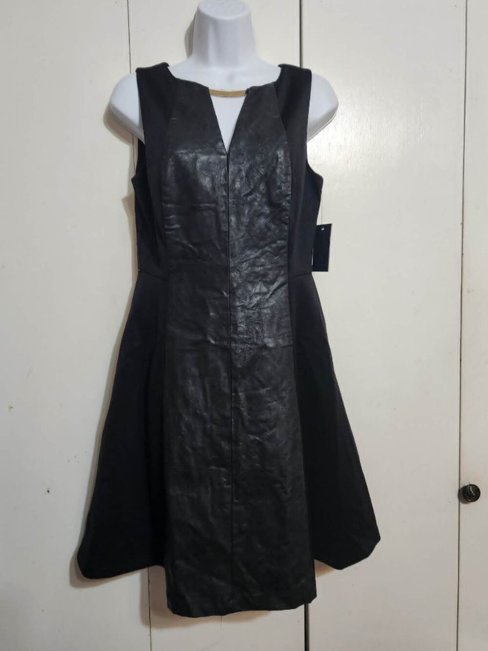 Vince Camuto Black Faux Leather Panel Moto Dress Fit & Flare Size 6 Biker Chick